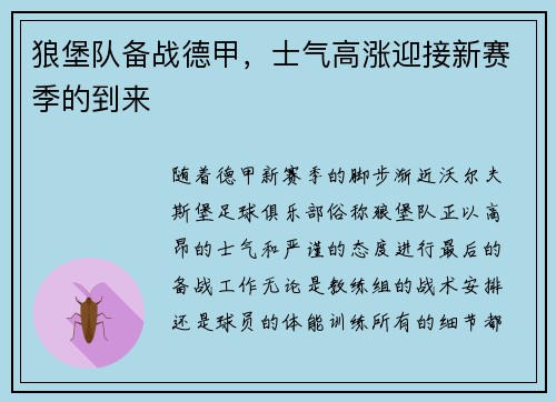 狼堡队备战德甲，士气高涨迎接新赛季的到来