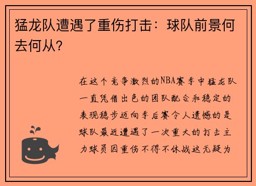 猛龙队遭遇了重伤打击：球队前景何去何从？