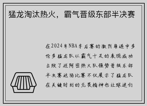 猛龙淘汰热火，霸气晋级东部半决赛