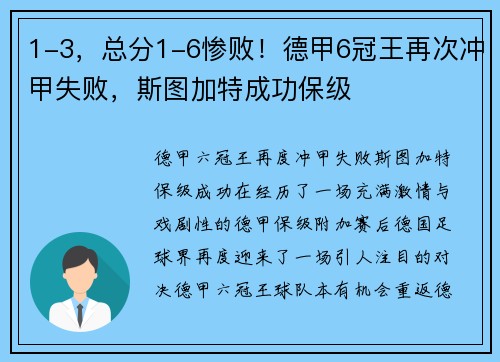 1-3，总分1-6惨败！德甲6冠王再次冲甲失败，斯图加特成功保级
