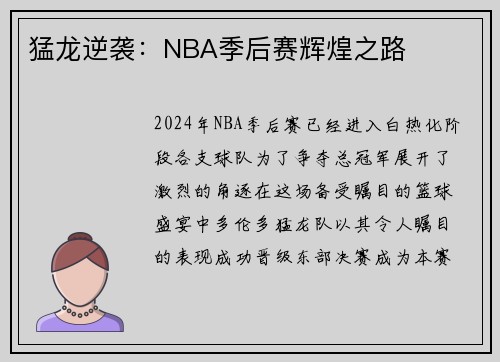 猛龙逆袭：NBA季后赛辉煌之路