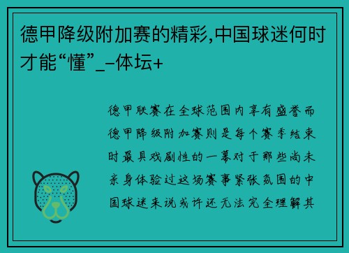 德甲降级附加赛的精彩,中国球迷何时才能“懂”_-体坛+