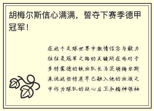 胡梅尔斯信心满满，誓夺下赛季德甲冠军！